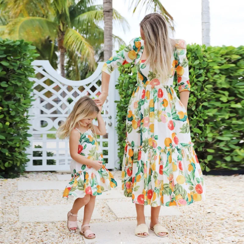 New 2022 Mother Daughter Summer Dresses Cute Fruit Print Beach Dress Mom Mommy and Me Fashion Dress Family Matching Outfits