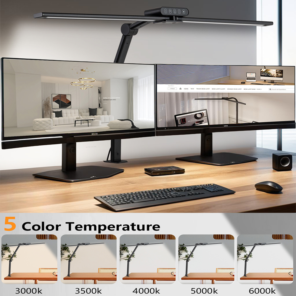 LED Double Head Desk Lamp 24W Architect Gooseneck Light Auto Dimming Timmer Touch Control 5 Color Modes Reading Table Clip Lamp