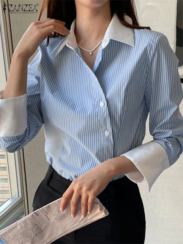 

Модная женская блузка ZANZEA с длинным рукавом, отложным воротником и пэчворком, осенняя элегантная полосатая рубашка, повседневные офисные топы, блузы неправильной формы