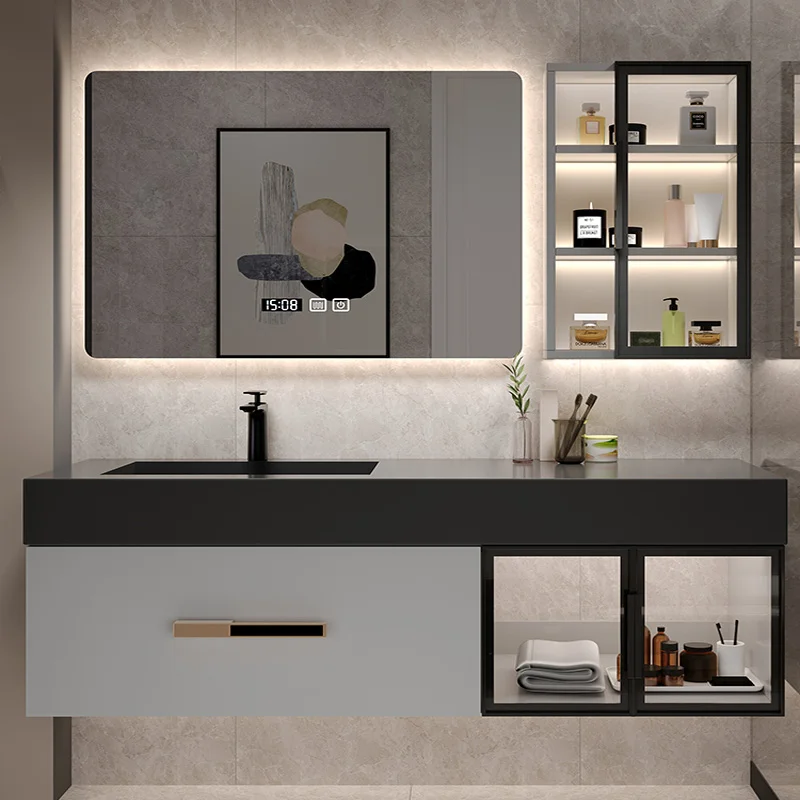 

Light Luxury Rock Board Bathroom Furniture Cabinet Intelligent Sensing Facial Wash Solid Wood Bath Customized Handwashing Table