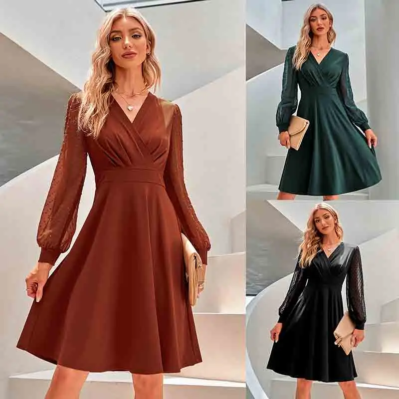 Sexy V Nek Women's Short Dresses Summer 2024 New Fashion Office Lady Puff Long Sleeve High-waisted Dress