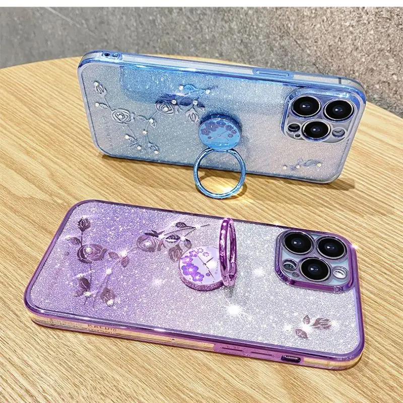 Für iPhone 14 Pro Max Hülle Luxus Glitzer vergoldet Grip Tok Ringhalter Floral Cover für iPhone 11 12 13 Mini 7 8 Plus XS Max XR X_voghion.com