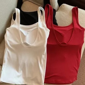 Red Mini Tank Vest Women's Summer Outerwear Chest Pad Beautiful Back Integrated Inner Base U-shaped Open-back Top