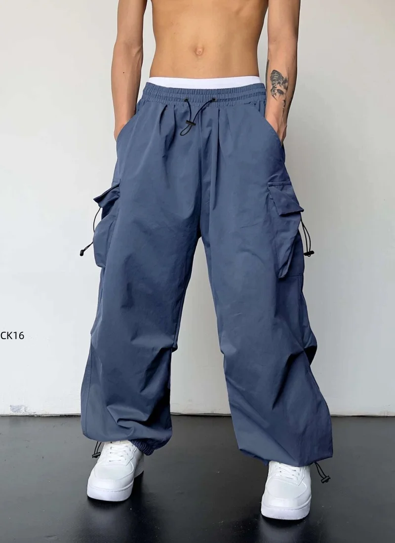 Men's casual workwear, fashionable streetwear, classic men's straight leg wide leg pants, drawstring workwear, fashionable loose - 6