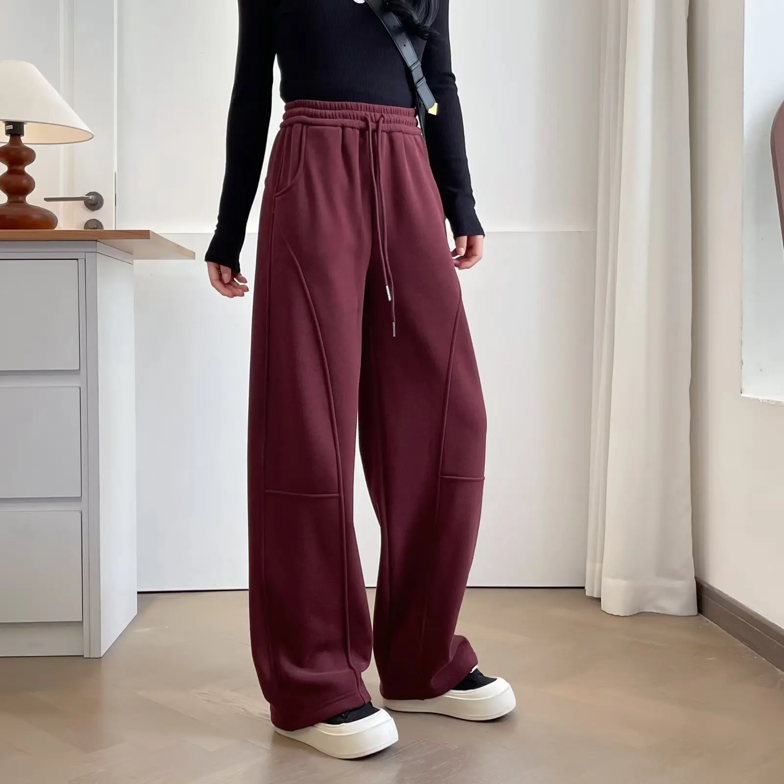 Winter New Style Simple Commuting Fleece Cover Casual Long Straight Trousers XXXXL Fashion Plus Size Women's Wide Leg Pants 8032
