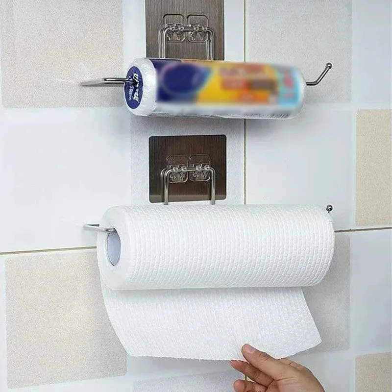 Lazy Person Cloth Stainless Steel Bracket Without Punching Pasted Kitchen Bathroom Toilet Tissue Storage Rack Hanging Rack
