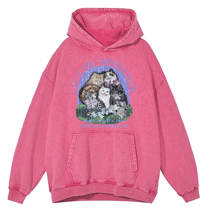 thumbnail image 1 of Sudadera holgada con capucha y diseño de gatos en Greengungchi, estilo retro desgastado, estilo hip hop, para otoño, 100 % algodón, 1 of 4