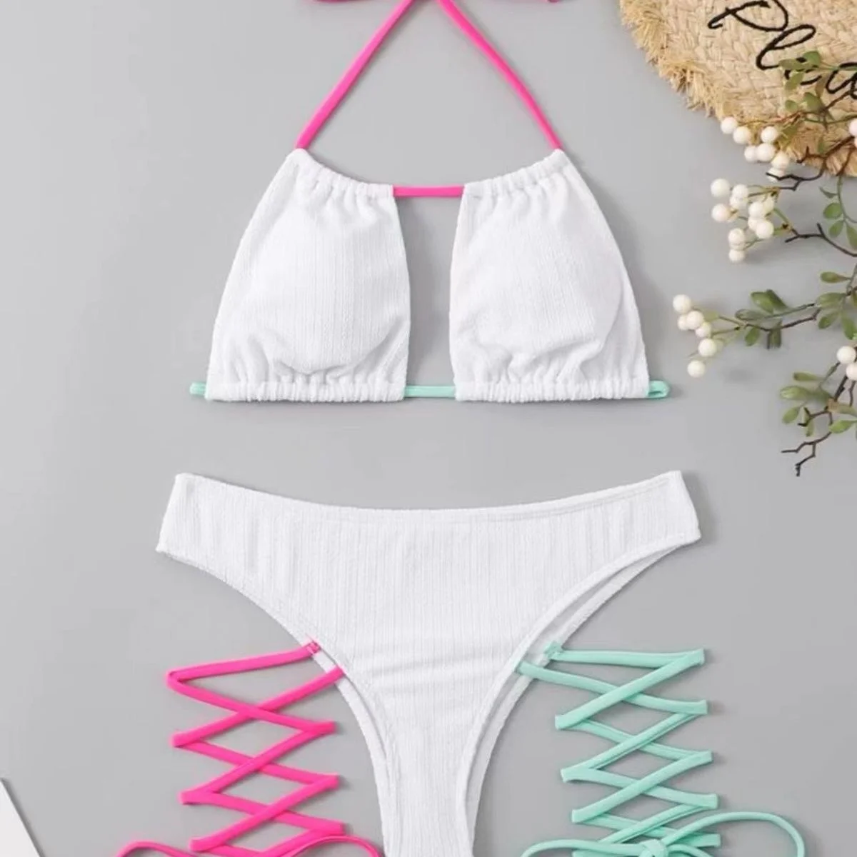 High-quality Neck-slung Swimsuit Bikini Female Bikini Large Breasts  Separated White Sexy Hot Spring Exposed Three-point Style - AliExpress