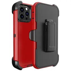 Triple-Protection Heavy Duty Shockproof Armor Phone Case with Belt Clip for iPhone 13 Pro (Red Black)