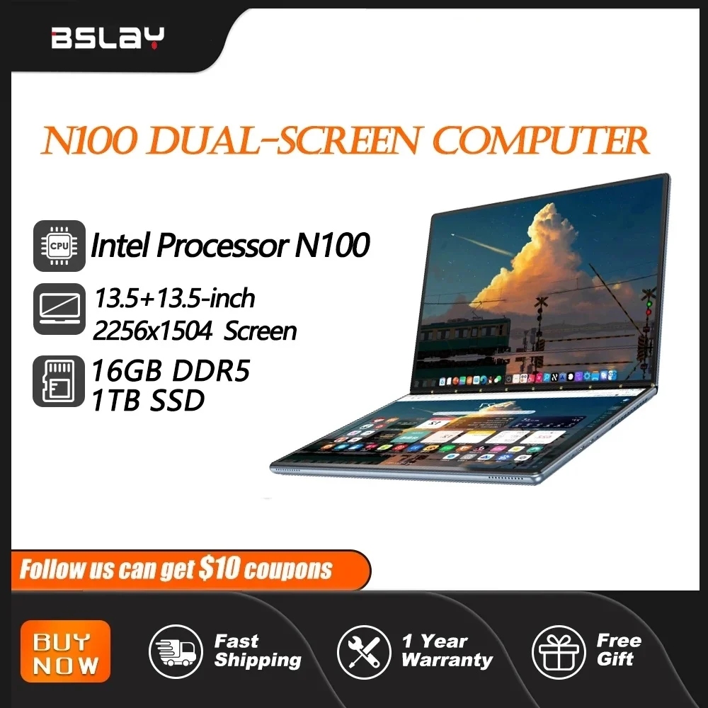

Портативный компьютер Laotop с двумя экранами, Intel N100 13,5 + 13,5 дюйма, 16 ГБ DDR5, 1 ТБ SSD, HD-камера, 9000 мАч сенсорные экраны, Windows 11
