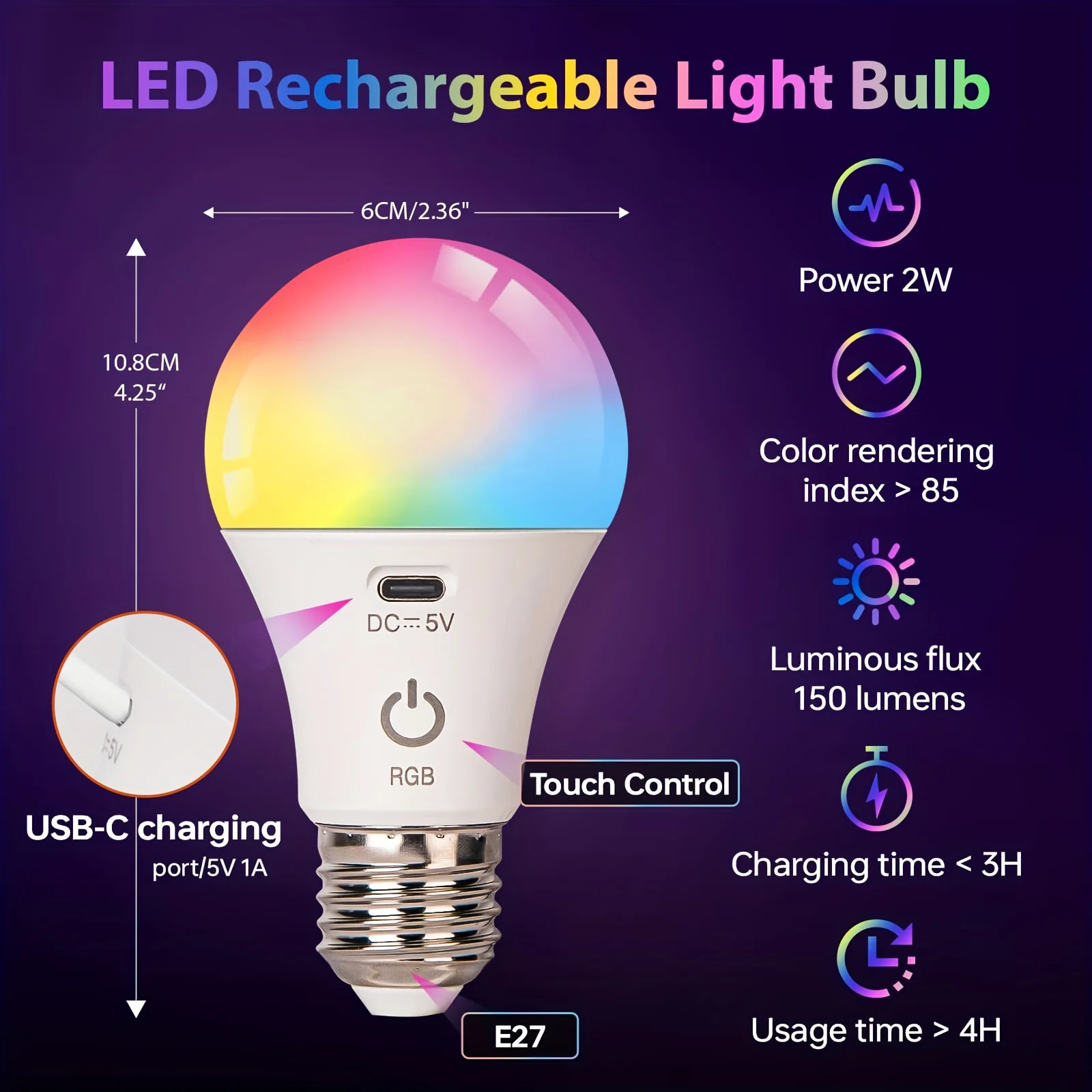 Wireless Rechargeable Light Bulb with Remote Control, Dimmable & Color-Changing, E27 Base, Emergency Backup Lighting