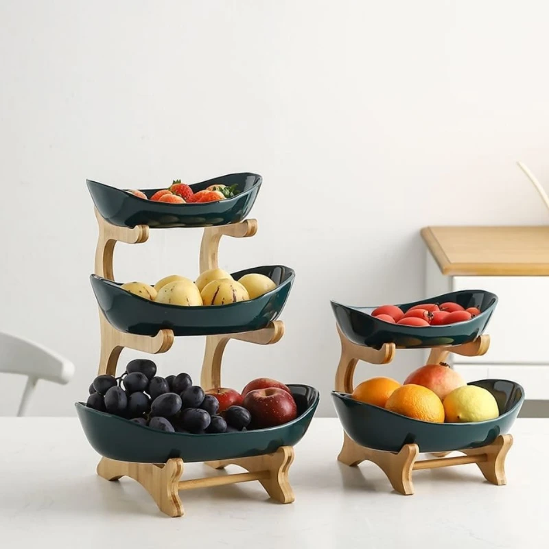 Multitier Fruit Tray With Bamboo Wood Stand, Table Kitchen Fruit