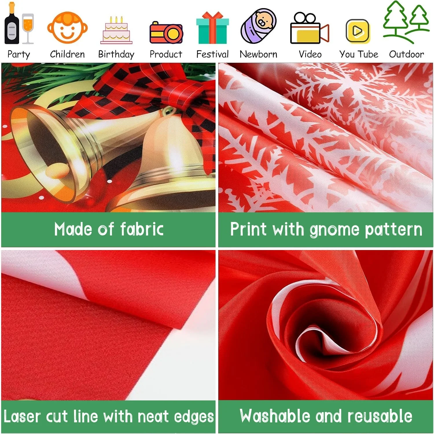 2D flach, 1 Stück Weihnachtsbanner-Hintergrund – rote und goldene Kamine mit Strümpfen, Girlanden und einer Winterszene von Schnee – Detail 1