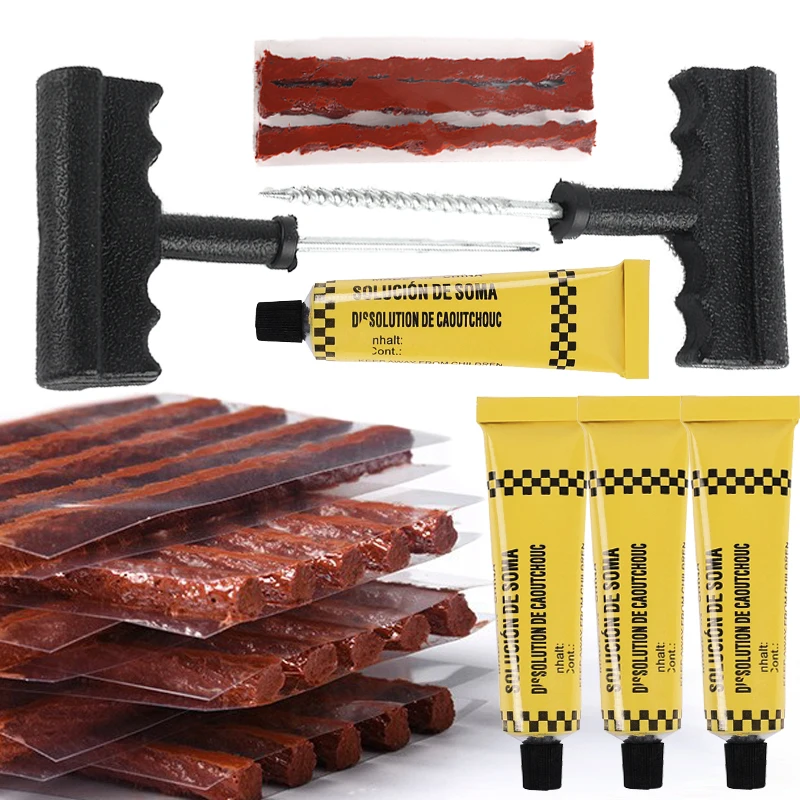 Car Tire Repair Tool Kit with Rubber Strips Tubeless Tyre Puncture Studding Plug Set Motorcycle Bike Truck Repair Accessories