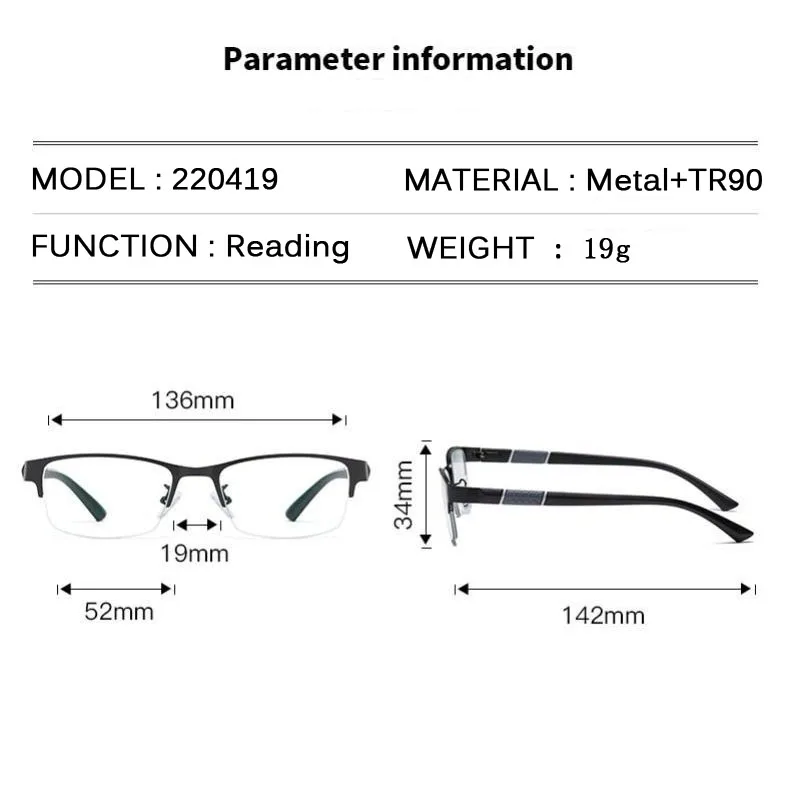 Metal Half Frame Reading Glasses TR90 Farsighted Eyeglasses Business Men Finished Presbyopic Eyewear With Diopter 0 To +4.0