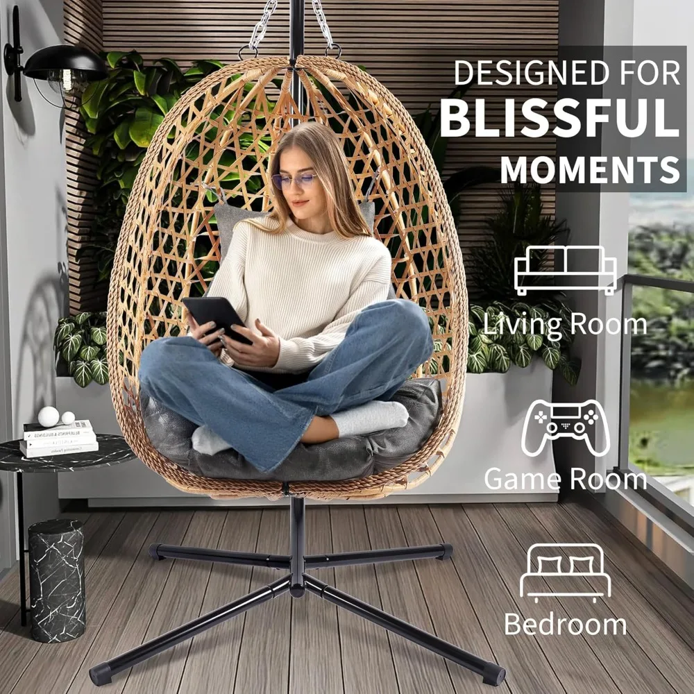 Egg Chair with Stand, Patio Wicker Hanging Chair, Hammock Swing Chair, 350LBS Capacity for Bedroom, Balcony, Garden 4