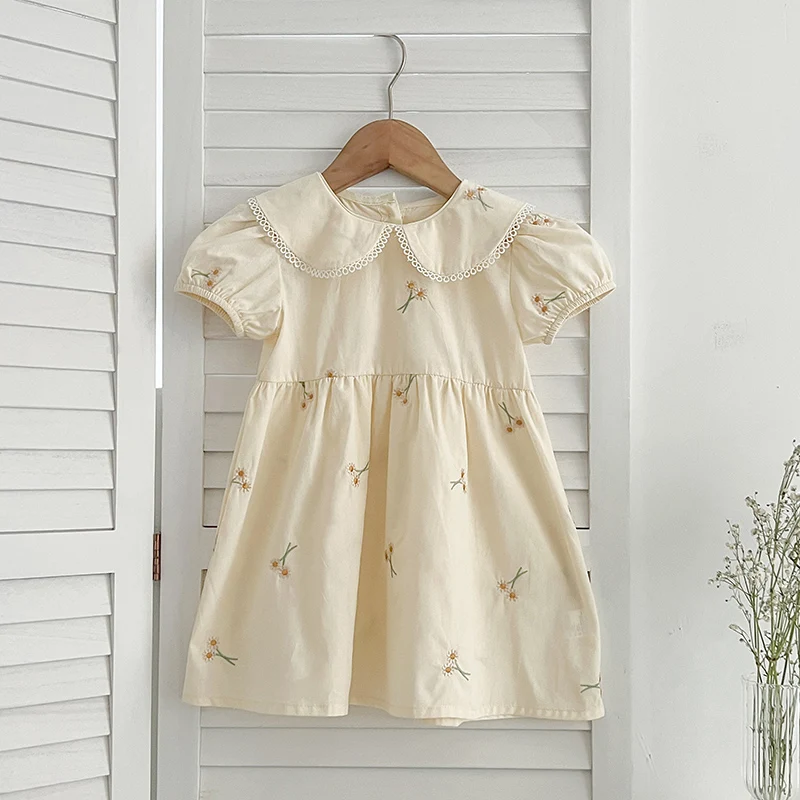 

Baby Girls Dress Summer New Kids Cute Doll Collar Embroidery Princess Girl Dress Korean Short Sleeve Dress Cotton Clothes 1-6Y