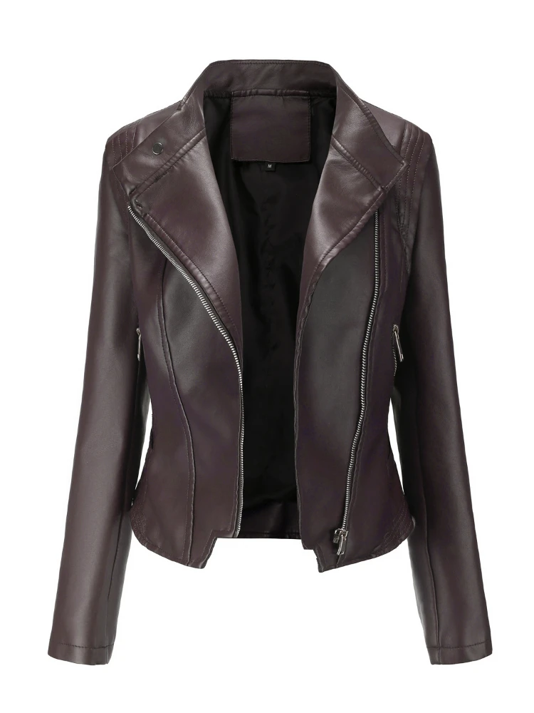 2023 New Spring and Autumn Thin PU Lapel Women Coats Slim Fit Zipper Faux Leather Long Sleeve Polyester Short Jackets for Women