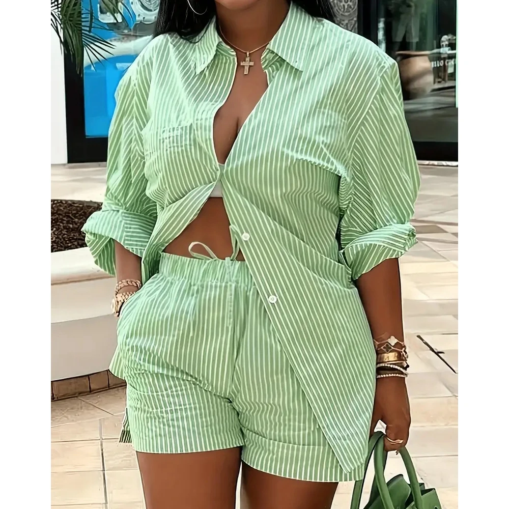 Casual Lady Long Sleeve Striped Buttoned Shirt & Short Sets Two Piece Set for Women Y2k 2023 Summer Clothes Streetwer Outfits