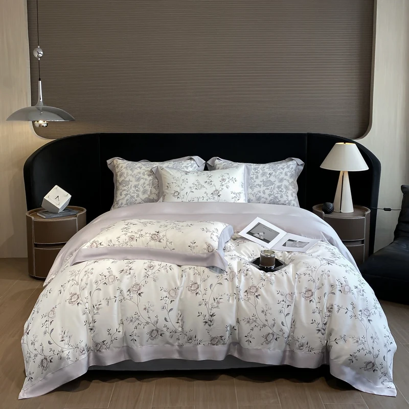 Luxury Digital Printing Flowers and Plants Bedding Set Lyocell Eucalyptus Fiber Soft Silky Duvet Cover Bed Sheet Pillowcase 4Pcs 2