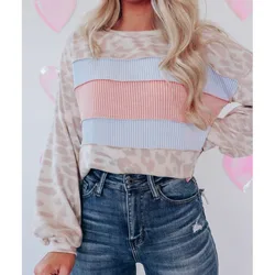 Female Clothing Spring Autumn Women's New Contrast Color Sweater Casual Fashion Leopard Print Long Sleeve Round Neck Tops