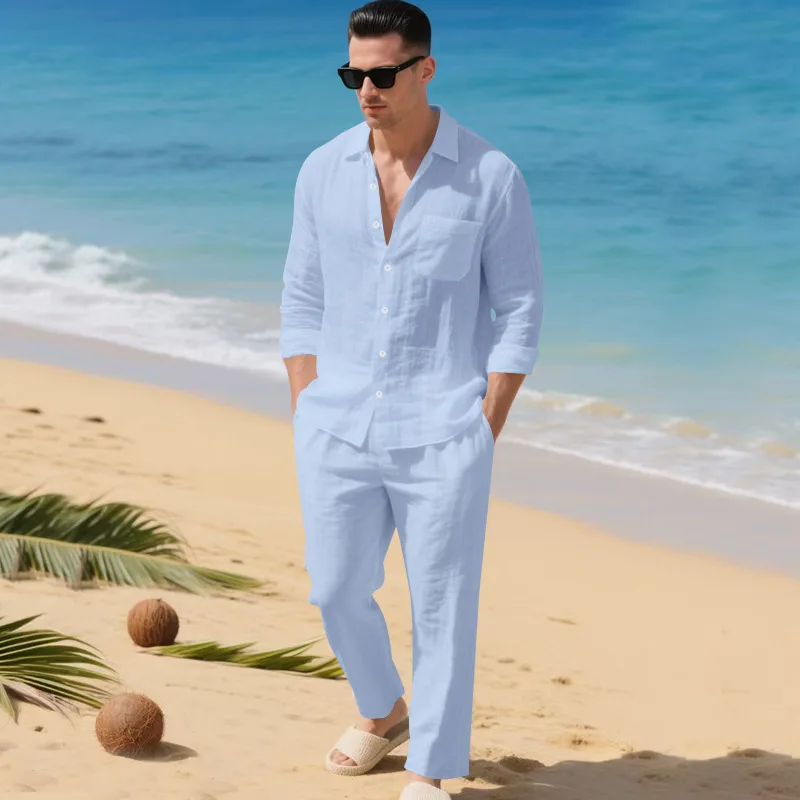 Men's Autumn Loose Trend Linen Solid Color Simple Lapel Long-Sleeved Shirt Beach Trousers Set