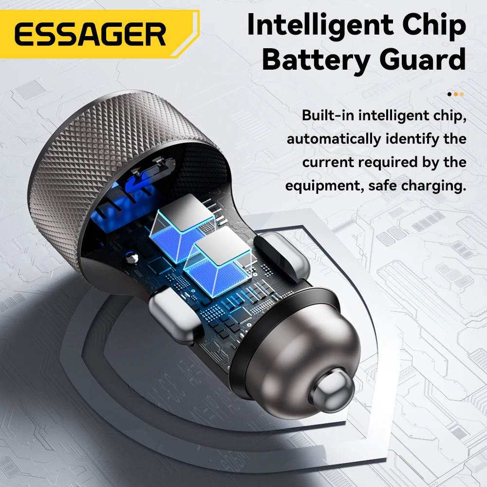Essager USB C Car Charger 45W 2 Ports PD3.0 QC3.0 Digital Display Car Phone Charger For iPhone 16 15 Xiaomi Huawei Samsung OPPO