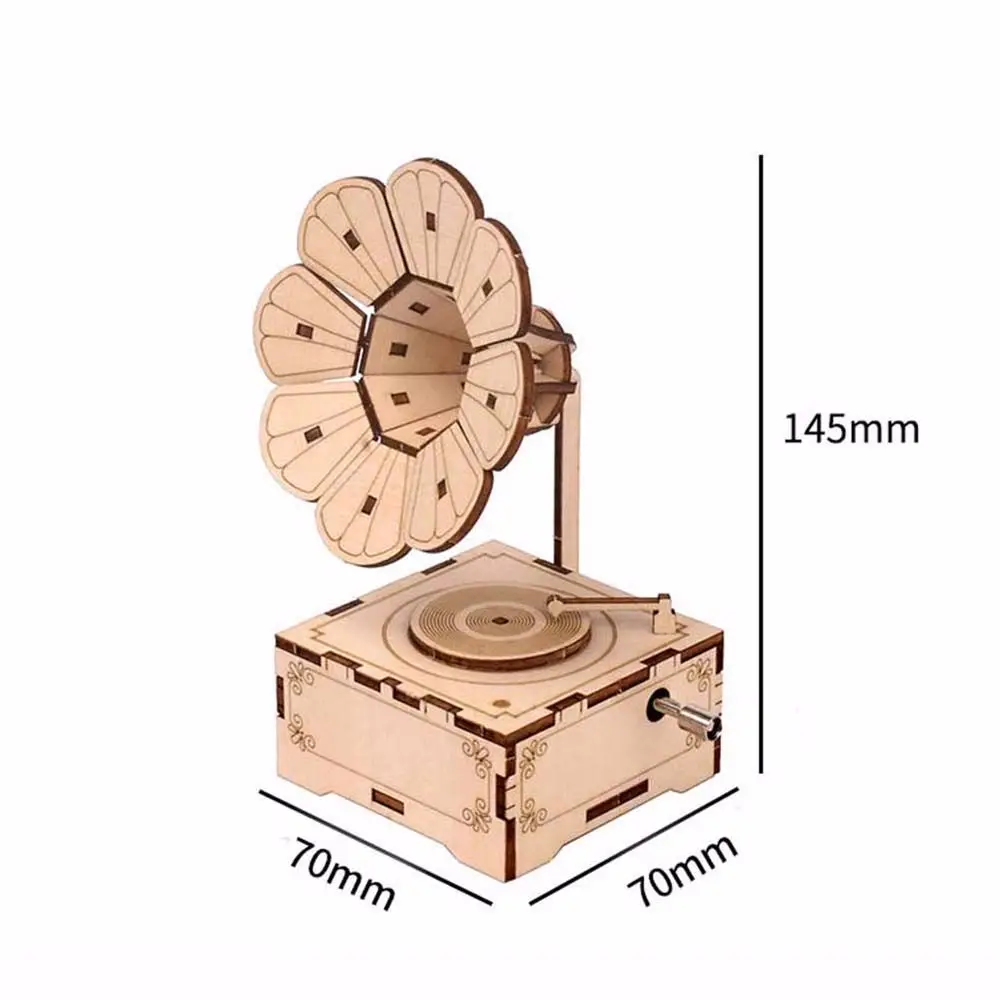 Creative DIY phonograph Sounding Music Box Mechanical Wooden Toys 3D Puzzle Wooden Puzzle Assembling Toy Gramophone Model 6