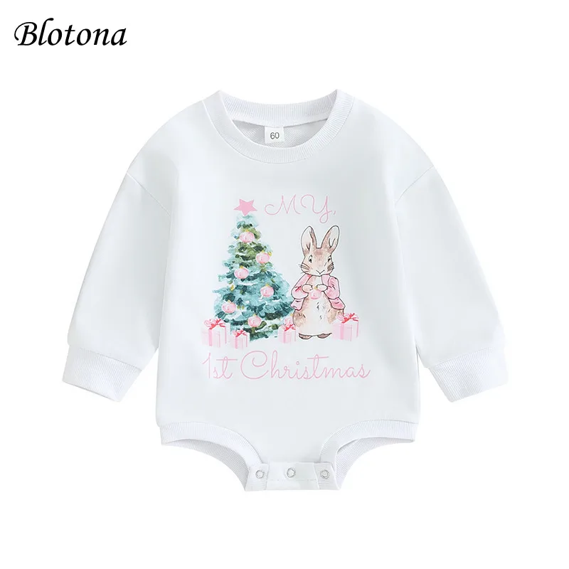 

Blotona Baby Girls XMAS Romper, Long Sleeve Crew Neck Christmas Tree Rabbit Print Bodysuit Clothes for Casual Daily 0-18Months