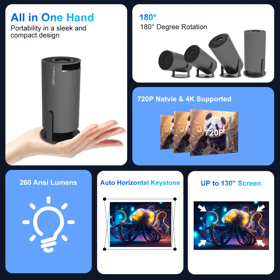 Magic-ポータブルプロジェクター,Android 11, 4k,1280x720p