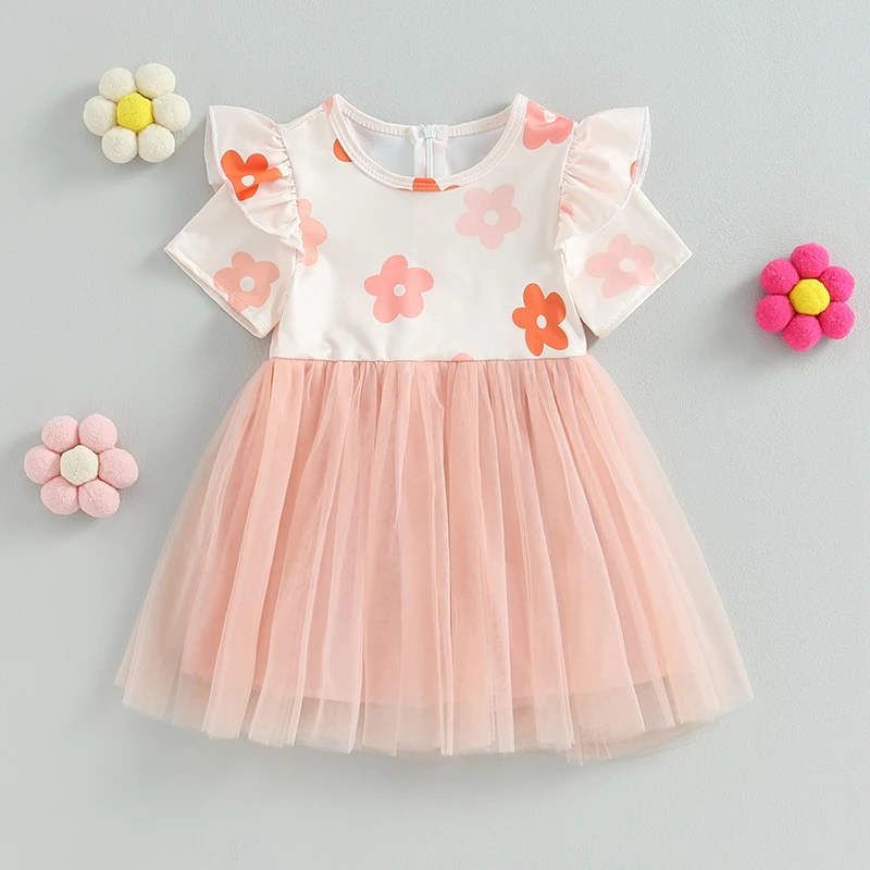 

Toddler Kids Baby Girls Tulle Dresses Casual Short Sleeve Round Neck Floral Print Tutu Dress Summer Sweet Children Dress
