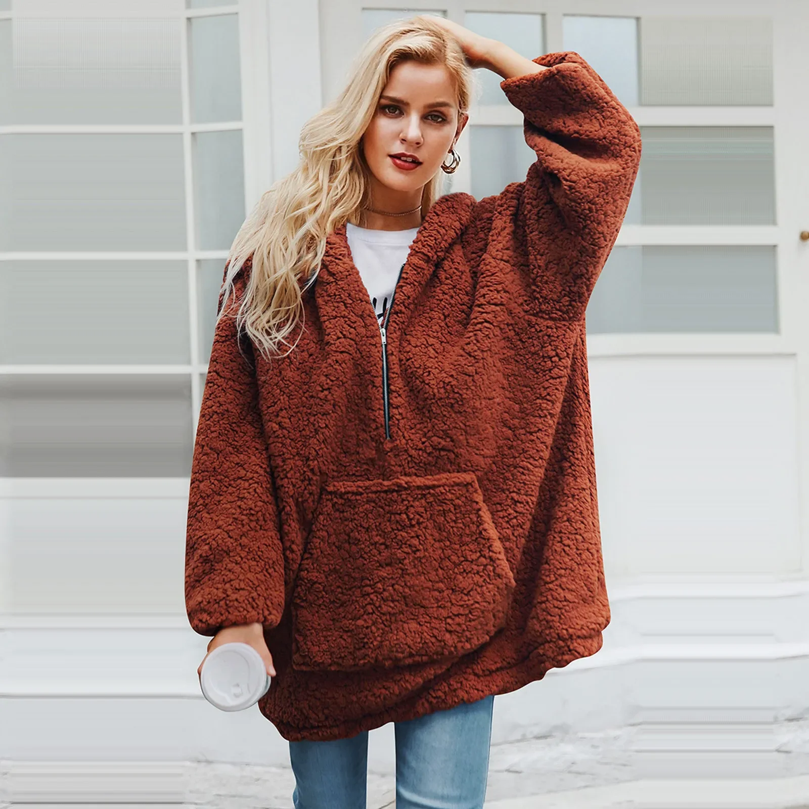 

Women Fashion Hooded Zipper Fleece Grain Tops 2024 Woman Plush Thickening Long-sleeved Loose Sweater Ladies Clothing