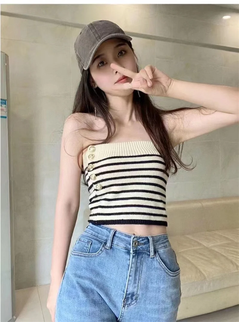 

2022 summer new fashion striped knitted camis wrap chest