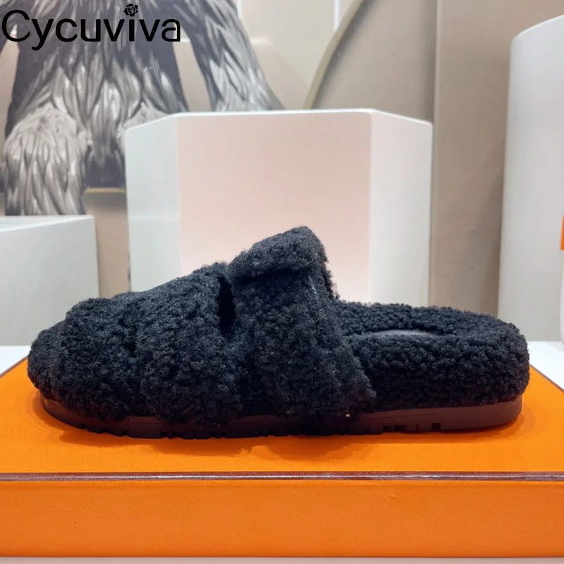 Designer Brand Platform Wool Slides Fashion Flat Slippers Women Mules