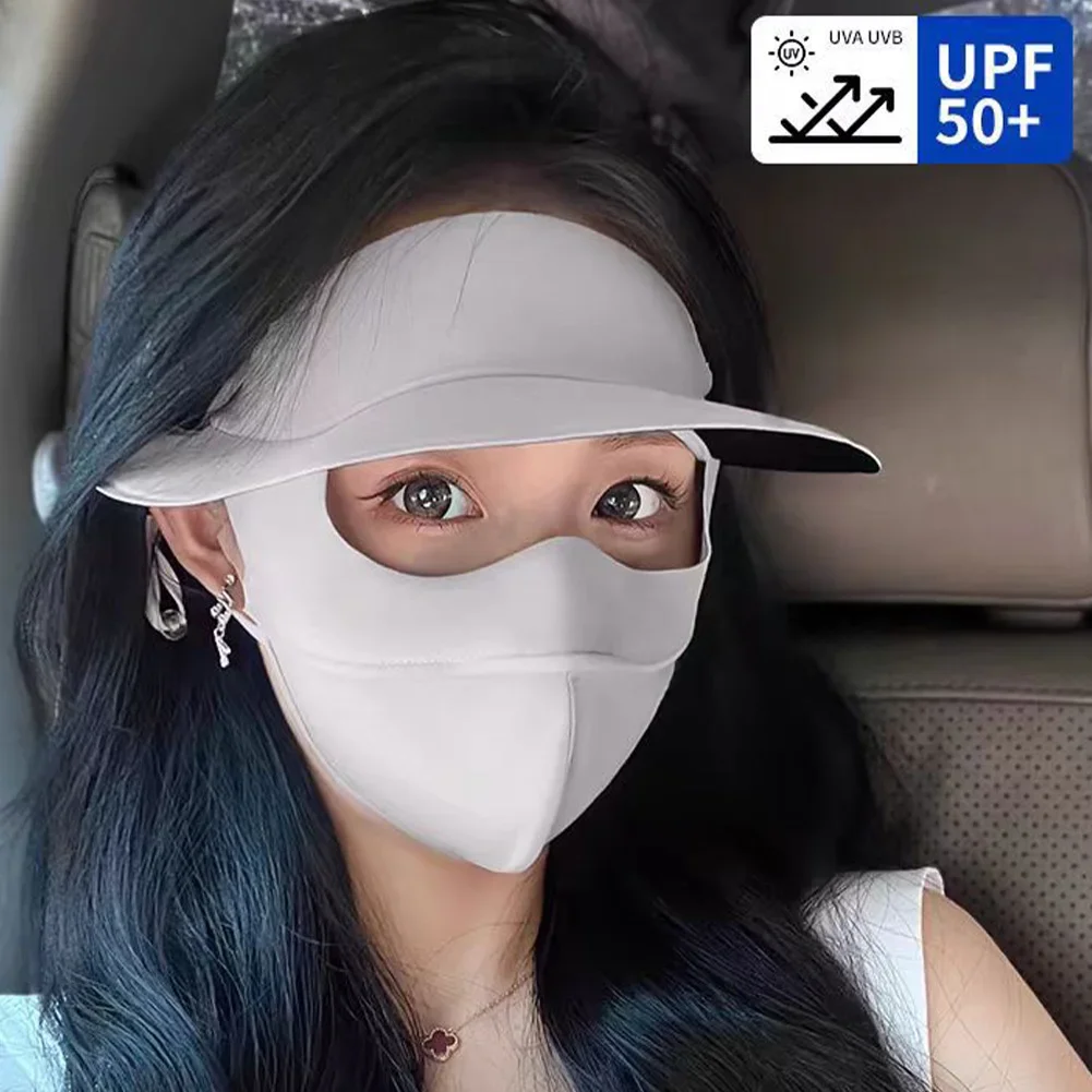 Full Face Sunscreen Mask with Large Vinyl Brim Outdoor Driving Riding UV Protection Eye Protection Ice Silk Facekini Sports Mask
