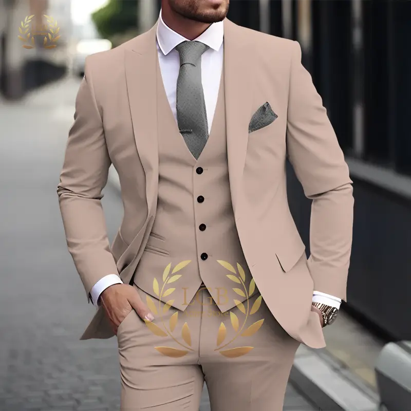 Men's Khaki 3-Piece Suit Classic Peak Lapel Business Formal Wedding Groom Slim Fit Elegant Gentleman Style Fashion Blazer - Image 19