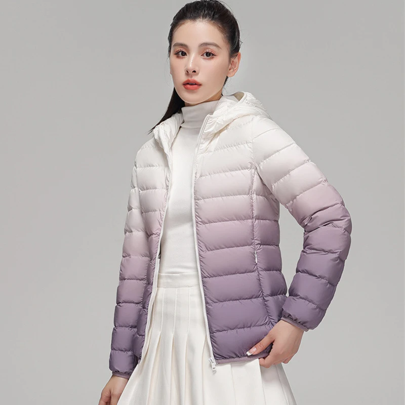 Woman Winter Hooded Coat 90% Duck Down Filled New Fashion Gradient Jacket Ultra Light Autumn Warm Parkas Windbreaker