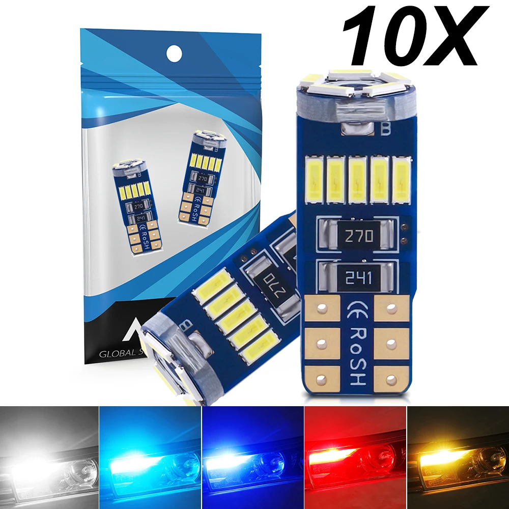 

10x W5W T10 LED CANBUS No Error 5W5 168 12V 800Lm Super Bright Car Interior Side Light 194 4014 15SMD Auto Bulb White Amber Red