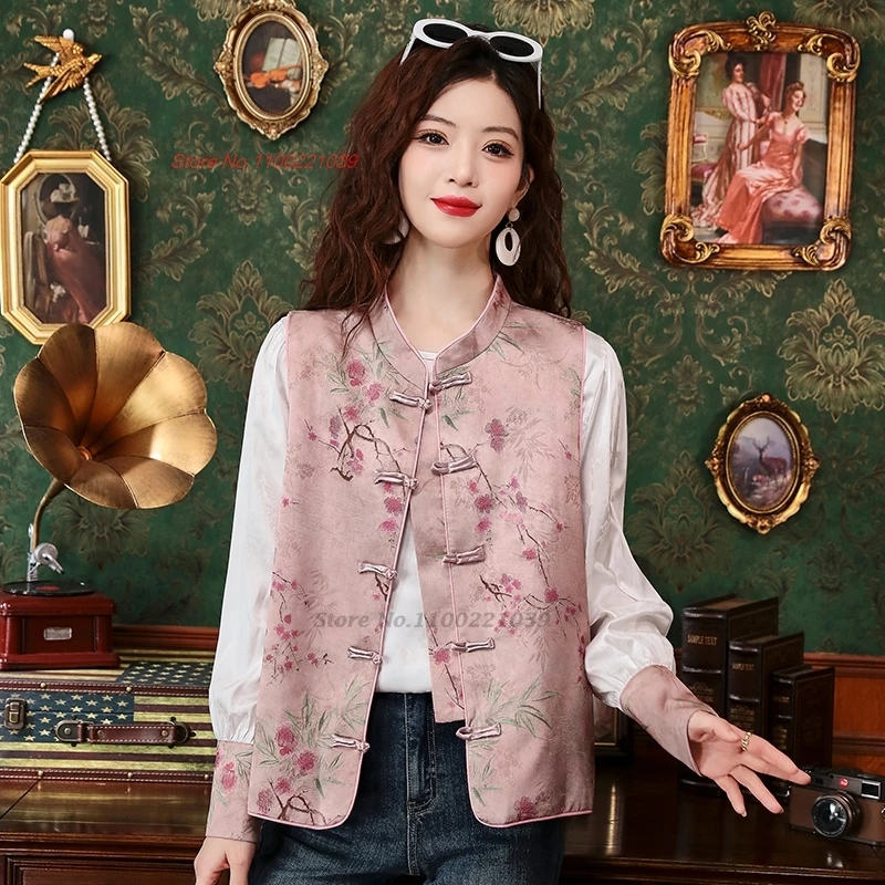 women ethnic hanfu tops chinese vintage stand collar satin vest sleeveless jacket national flower print folk vest tang suit