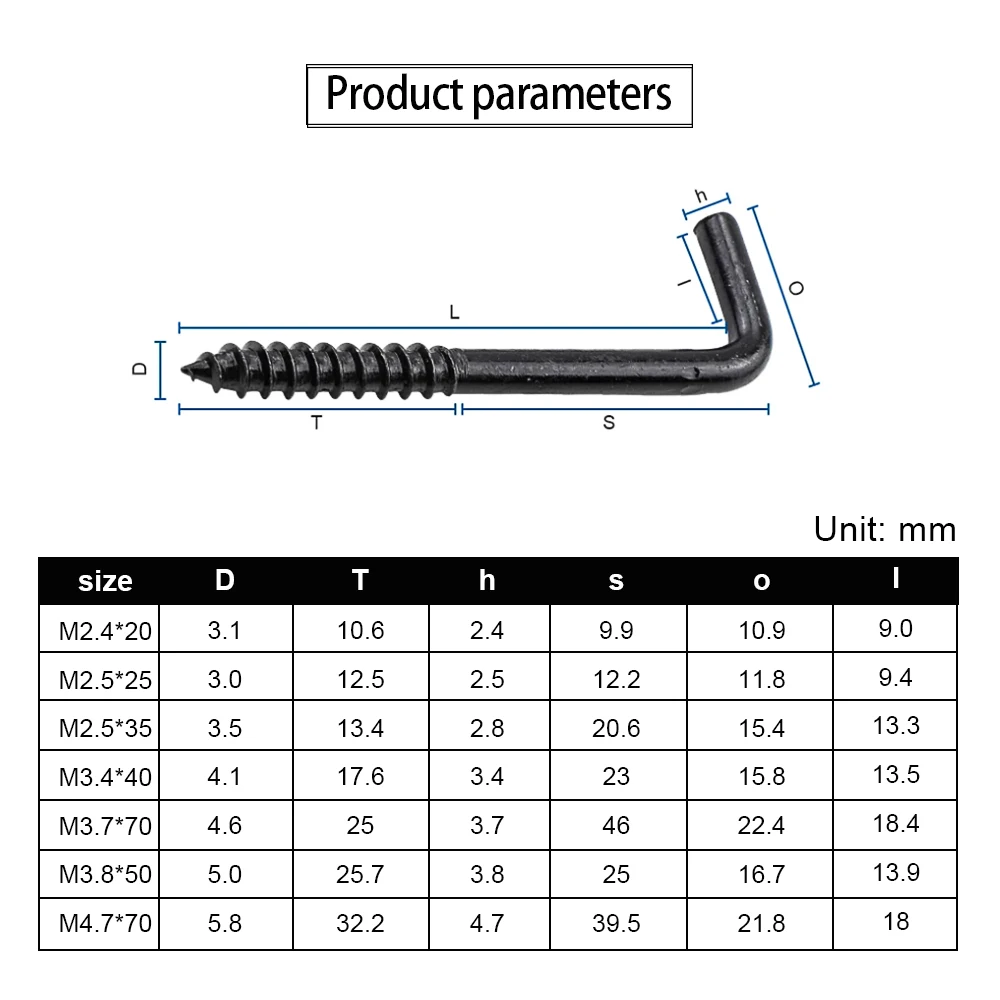 5-30pcs M2.4 M2.5 M3.7 M3.8 M4.7 L Shape Right Angle Screw-in Hook Screw Black Plated Carbon Steel L-shape Tapping Screw