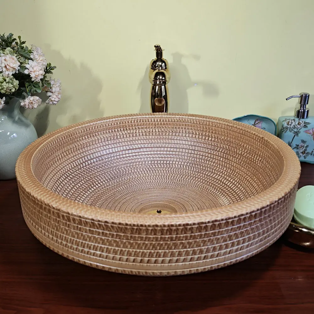 MAEBOW Popular Log Color Engraved Ceramic Semi-Counter Wash Basin Home Decor Renovation Round Restroom Countertop Bathroom Sink 2