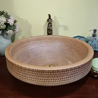 MAEBOW Popular Log Color Engraved Ceramic Semi-Counter Wash Basin Home Decor Renovation Round Restroom Countertop Bathroom Sink 2