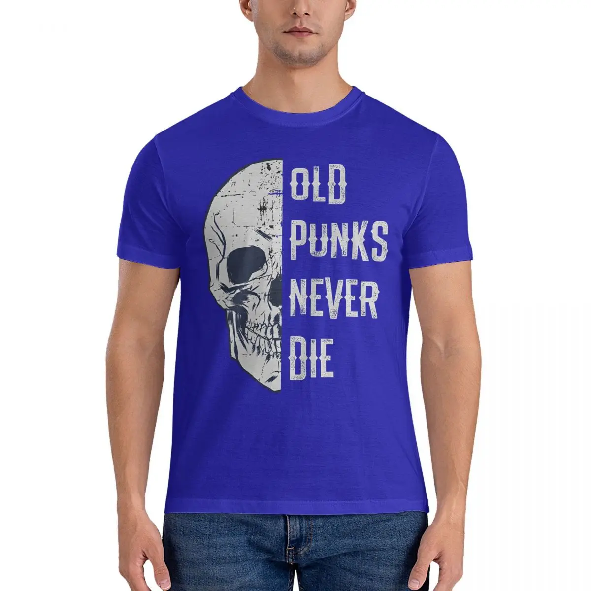 thumbnail image 1 of Camisetas vintage de calavera punk rockera, camisetas de algodón puro con cuello redondo, camisetas de manga corta con la frase "Old Punks Never Die", idea de regalo., 1 of 7