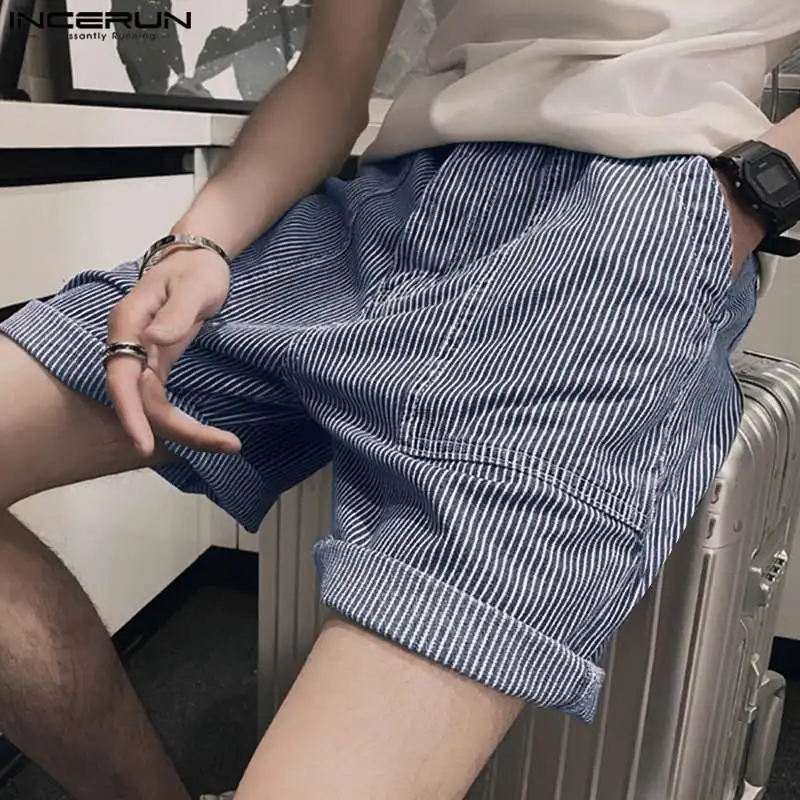 

INCERUN 2024 модные новые мужские шорты Ретро полосатые большие карманы дизайнерские шорты для отдыха уличная одежда мужские бриджи