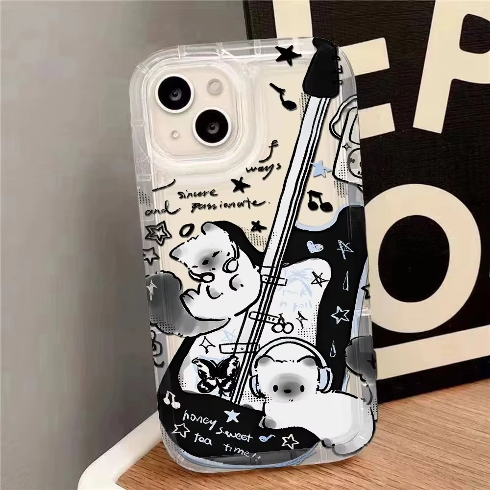 Black Guitar Music Cat Transparent Phone Case