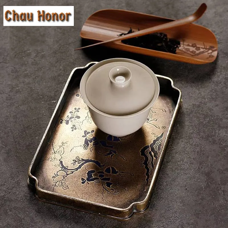 Boutique Antique Hand-painted Pure Copper Tea Trays Handmade Household Dry Foam Table Kung Fu Tea Set Tea Ceremony Accessories