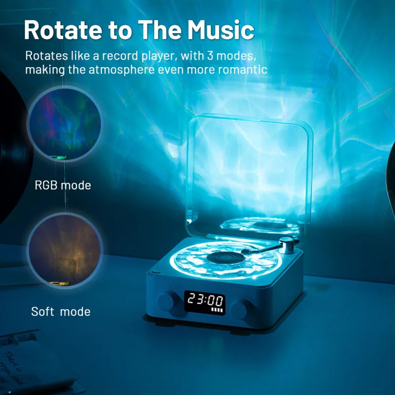 KW03-Haut-parleur rétro coloré sans fil, Bluetooth 5.0, vinyle, lecteur d'enregistrement, son stéréo avec bruit blanc, effet de lampe de projection RVB