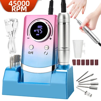 Trapano per unghie portatile elettrico professionale da 45000 giri/min con lima per levigatrice per unghie ricaricabile a basso rumore con base per salone di manicure 1