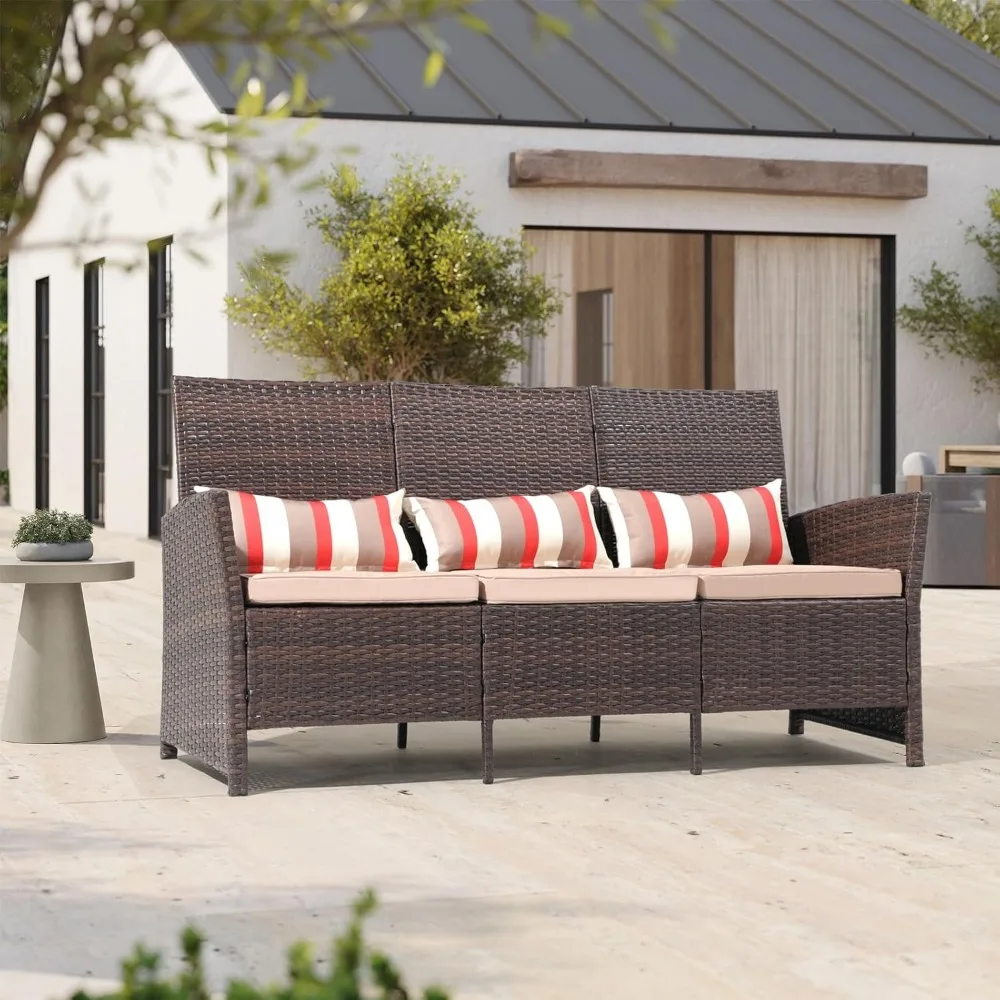 Outdoor Furniture 3 Seats Patio Couch, Outdoor Wicker Sofa, Brown PE Wicker with Beige Cushions & Lumbar Pillows, Porch, 6