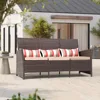 Outdoor Furniture 3 Seats Patio Couch, Outdoor Wicker Sofa, Brown PE Wicker with Beige Cushions & Lumbar Pillows, Porch, 6